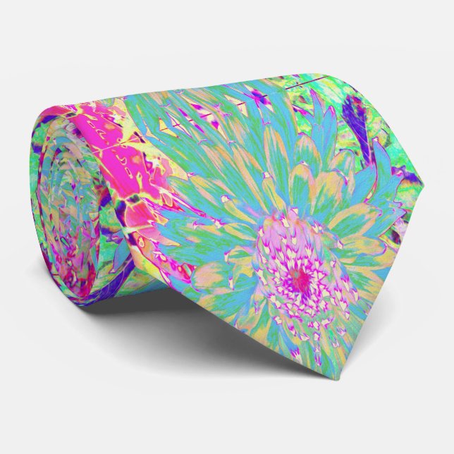 Decorative Teal Green and Hot Pink Dahlia Flower Tie (Rolled)