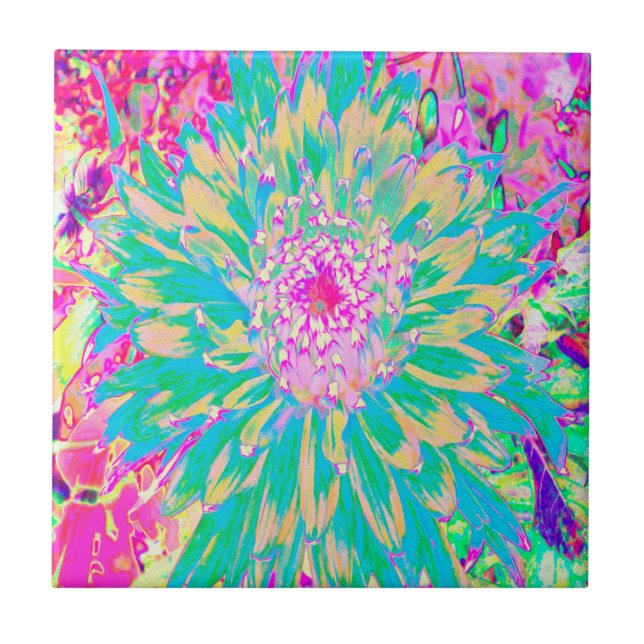 Decorative Teal Green and Hot Pink Dahlia Flower Tile (Front)