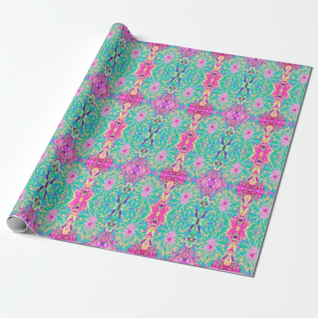 Decorative Teal Green and Hot Pink Dahlia Flower Wrapping Paper (Unrolled)