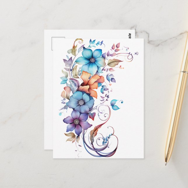 Decorative Tropical Watercolor Flowers Postcard (Front/Back In Situ)