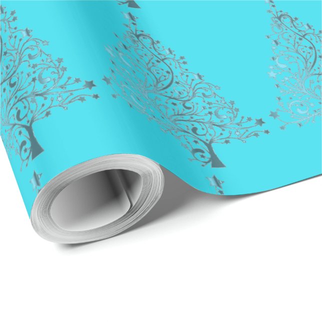 Decorative Turquoise Blue Christmas Tree Pattern Wrapping Paper (Roll Corner)