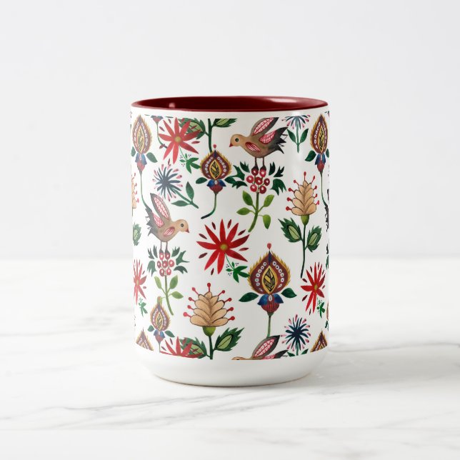 Decorative Ukrainian Flowers Two-Tone Coffee Mug (Center)