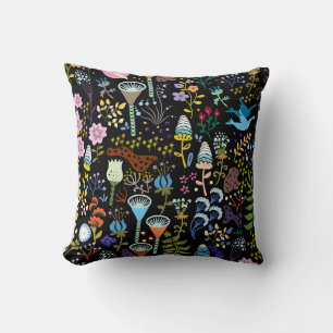 decorative, vintage scandinavian flowers on black cushion