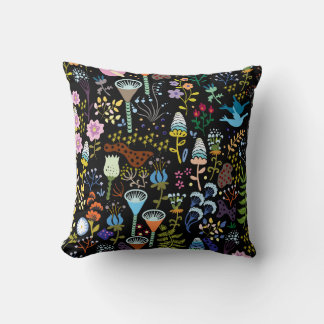 decorative, vintage scandinavian flowers on black cushion