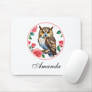 Decorative Watercolor Owl with Roses Mouse Pad