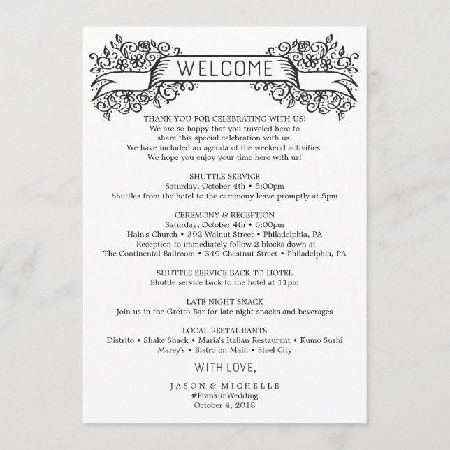 Decorative Wedding Itinerary - Wedding Welcome Programme (Front)