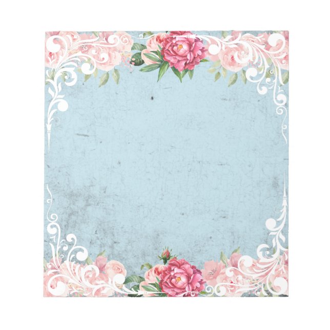 Decorative white lace Pink roses for teacher Blue Notepad (Front)