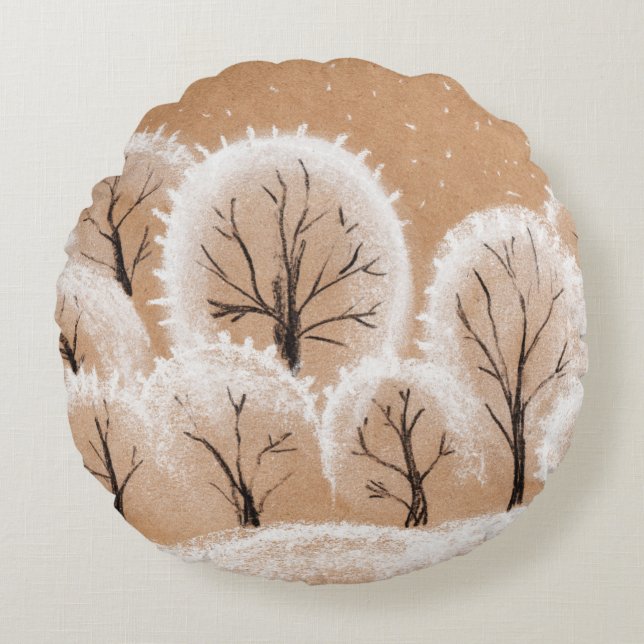 Decorative white trees. Winter branches. A hand-dr Round Cushion (Front)