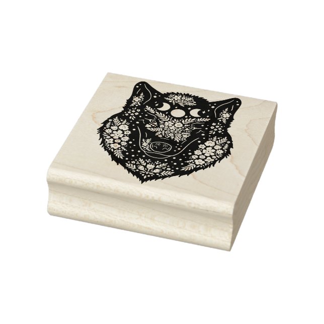 Decorative Wolf With Flowers And Moon Rubber Stamp (Stamp)