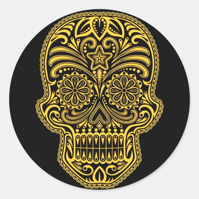 Decorative Yellow and Black Sugar Skull Classic Round Sticker (Front)
