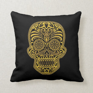 Decorative Yellow and Black Sugar Skull Cushion