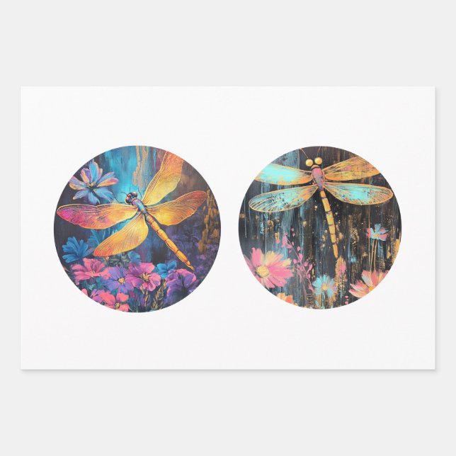 Decoupage 12" Circle Rounds Dragonfly Floral  Wrapping Paper Sheet (Front)