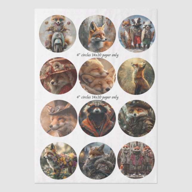 Decoupage 12 Fox 4" Coaster Woodland Designs  Tissue Paper (Front)