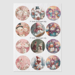Decoupage 12 Whimsical Snowman 4" Coaster Set Tissue Paper