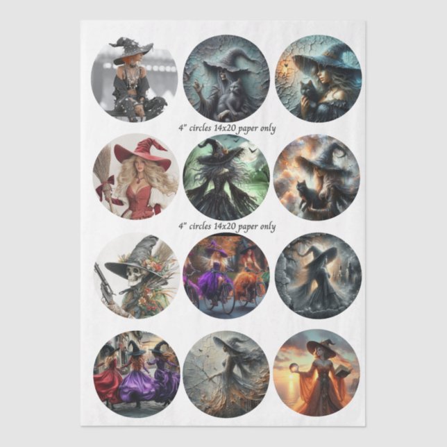 Decoupage 12 Witch Coaster Set 4" Circle Designs  Tissue Paper (Front)
