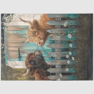 Decoupage 2 Whimsical Shaggy Highland Cows Fence  Tissue Paper