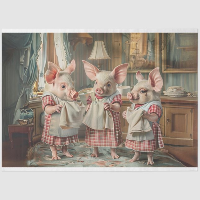 Decoupage 3 Little Pigs Chequered Clothes Kitchen Tissue Paper (Front)