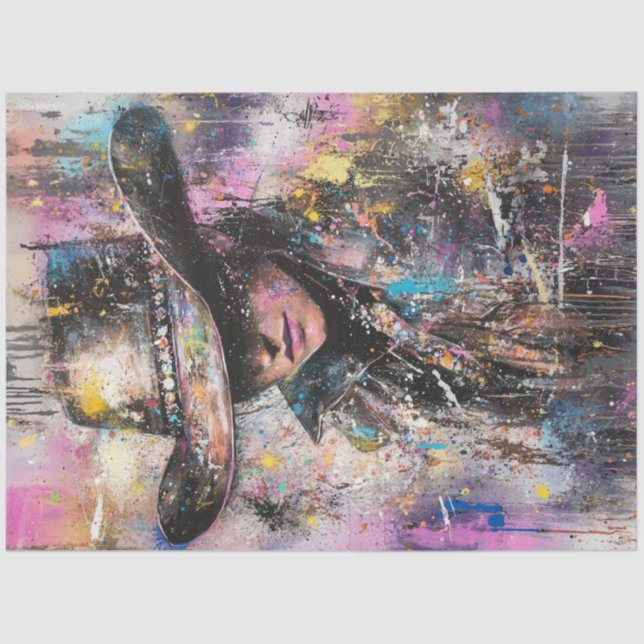 Decoupage Abstract Painting Woman Black Hat Tissue Paper (Front)