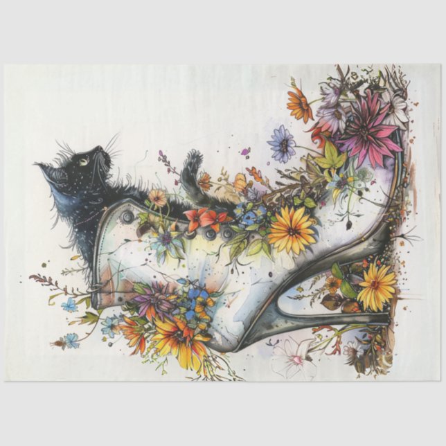 Decoupage Artistic High Heeled Boot Cat Flowers Tissue Paper (Front)