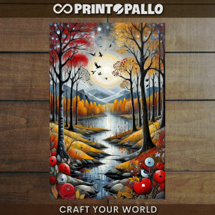 Decoupage - Autumn forest, river and the moon -  Tissue Paper