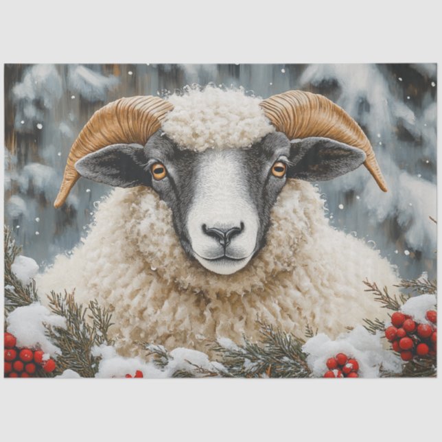 Decoupage Black Faced Ram Winter Scene Tissue Paper (Front)