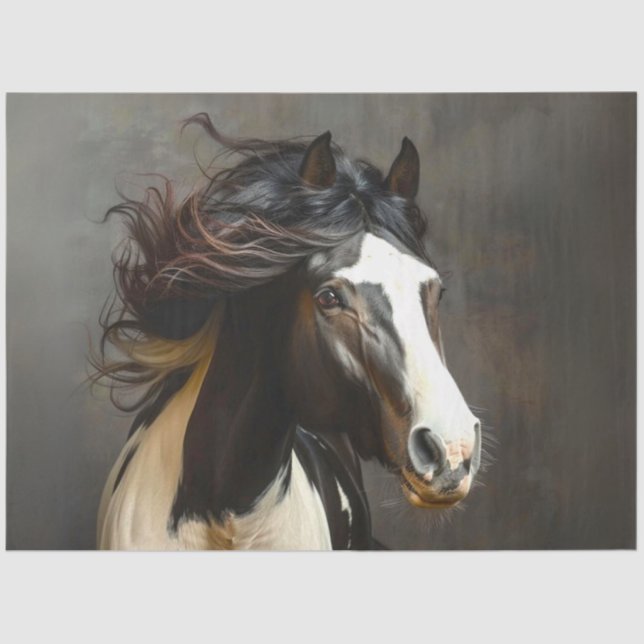 Decoupage Black White Horse Gypsy Vanner Long Mane Tissue Paper (Front)