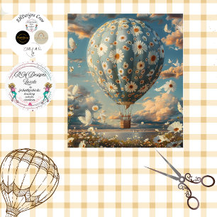 Decoupage Blue White Daisy Fabric Hot Air Balloon  Tissue Paper