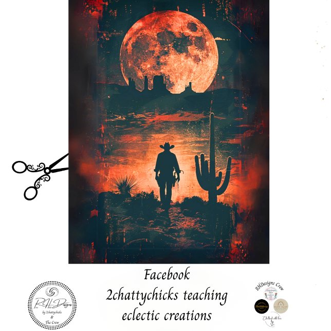 Decoupage Bold Western Scene Cowboy Orange Moon  Tissue Paper (Creator Uploaded)