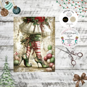 Decoupage Christmas Elf Legs White Stocking Tissue Paper
