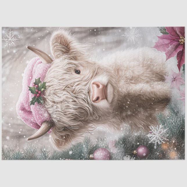 Decoupage Christmas Highland Cow Pink Decor Tissue Paper (Front)