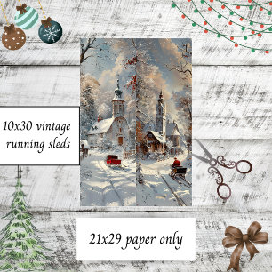 Decoupage Church Winter Scene Vintage Sled Runner  Tissue Paper