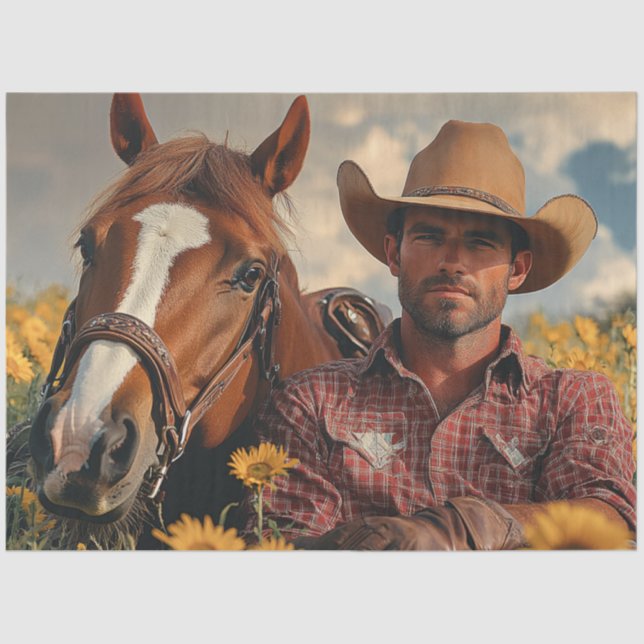 Decoupage Cowboy Country Scene Resting with Horse  Tissue Paper (Front)