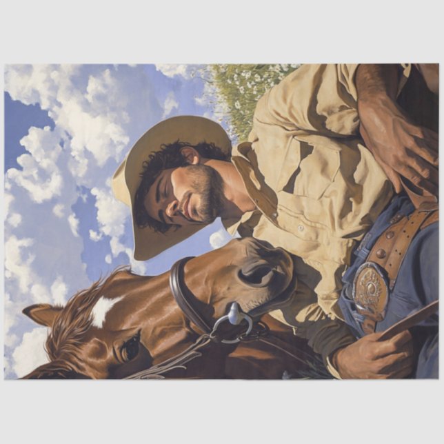 Decoupage Cowboy & Horse Resting Field Sunny Day Tissue Paper (Front)