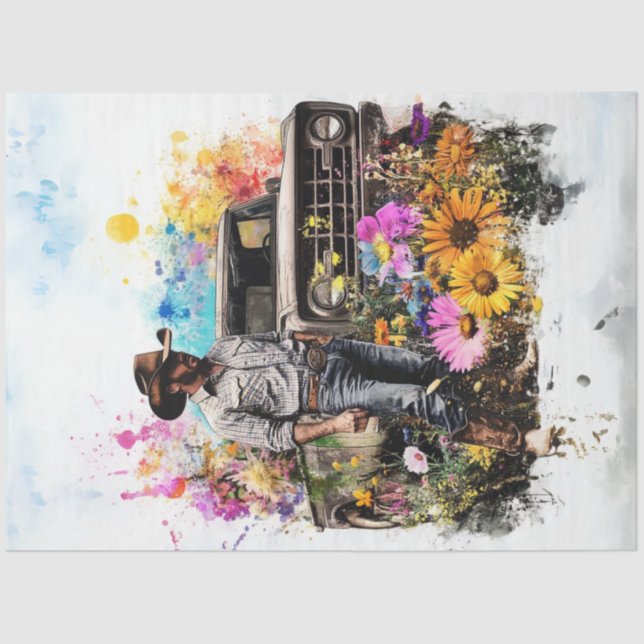 Decoupage Cowboy Yellow Truck Field Flowers Tissue Paper (Front)