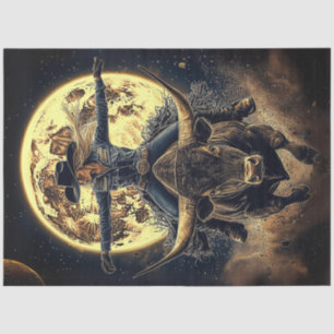 Decoupage Cowgirl Riding Bull on Moon Backdrop  Tissue Paper