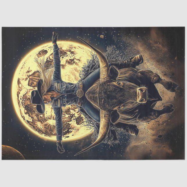 Decoupage Cowgirl Riding Bull on Moon Backdrop  Tissue Paper (Front)