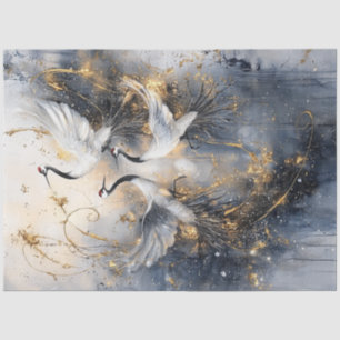 Decoupage Elegant White Cranes Golden Highlights Tissue Paper