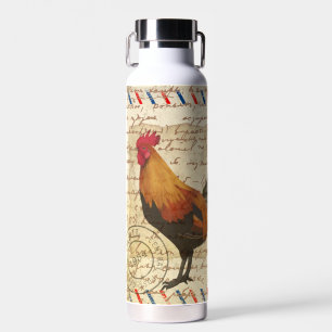 Decoupage Ephemera Rooster Barn Farm Water Bottle