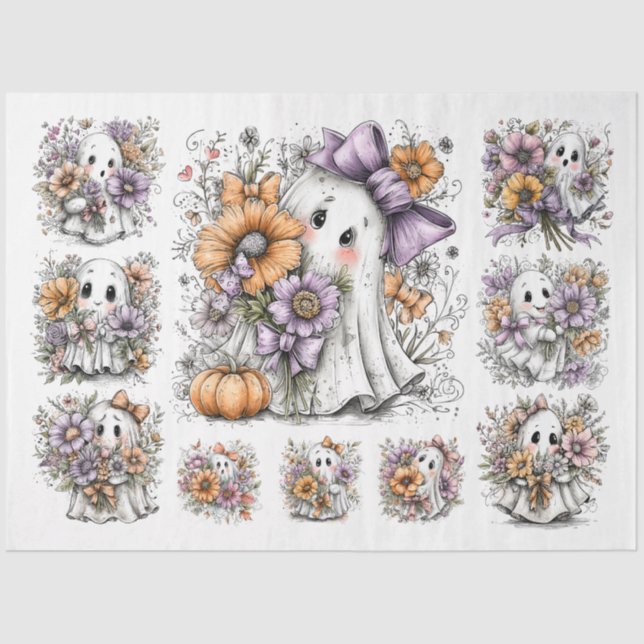 Decoupage Fall Floral Ghosts - Multiple sizes Tissue Paper (Front)