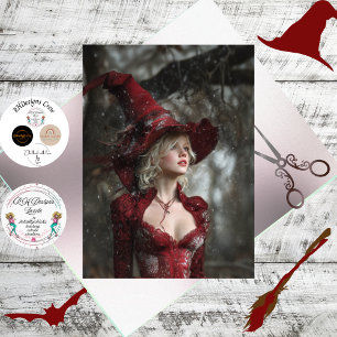 Decoupage Fantasy Witch Dressed in Red Winter Tissue Paper
