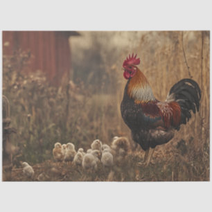 Decoupage Farm Rooster With Chicks Field Red Barn Tissue Paper