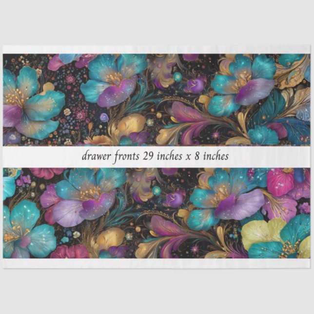 Decoupage Floral Drawer Front 29x8 Purple Gold Tissue Paper (Front)