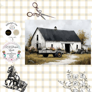 Decoupage Floral Wagon and White Barn  Tissue Paper