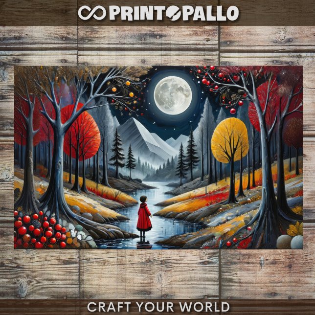 Decoupage - Girl in red and Autumn moon landscape  Tissue Paper (Creator Uploaded)