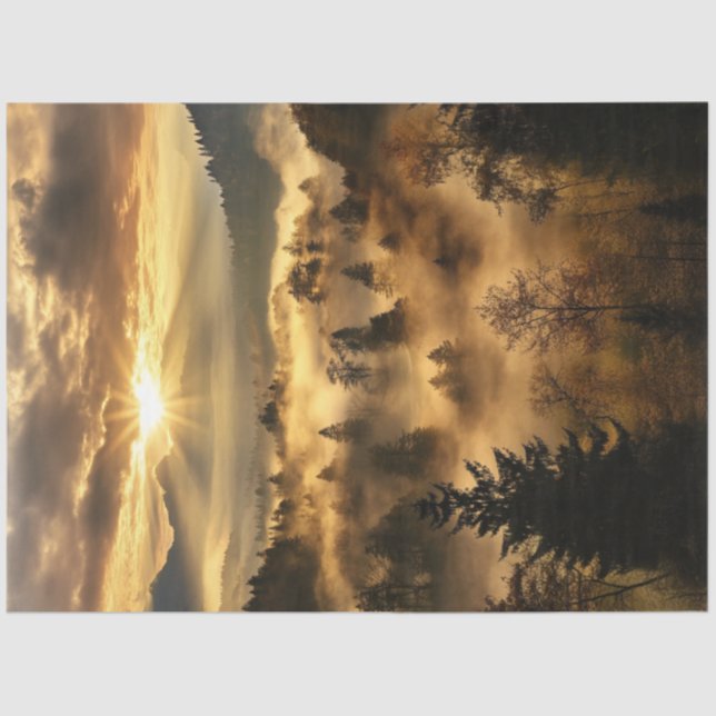 Decoupage Golden Forest Landscape Fog Sunrise Tissue Paper (Front)