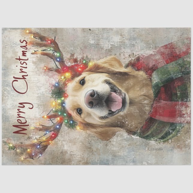 Decoupage Golden Retriever Antlers & Christmas  Tissue Paper (Front)