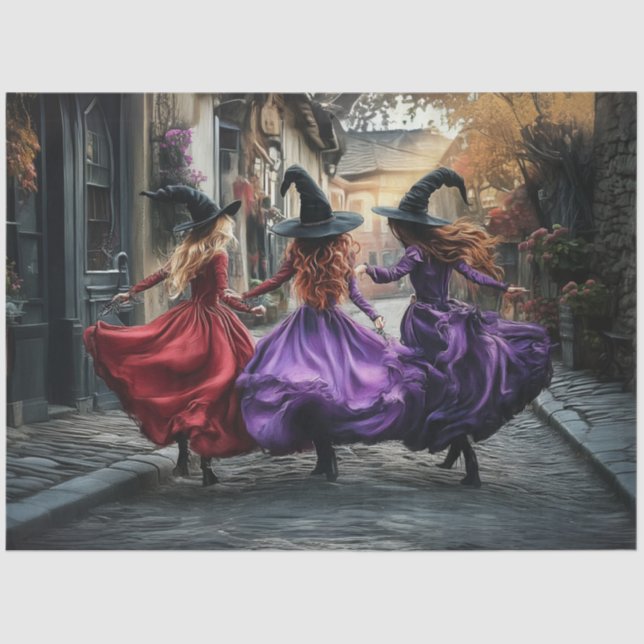 Decoupage Good Witches Dancing Cobblestone Street Tissue Paper (Front)