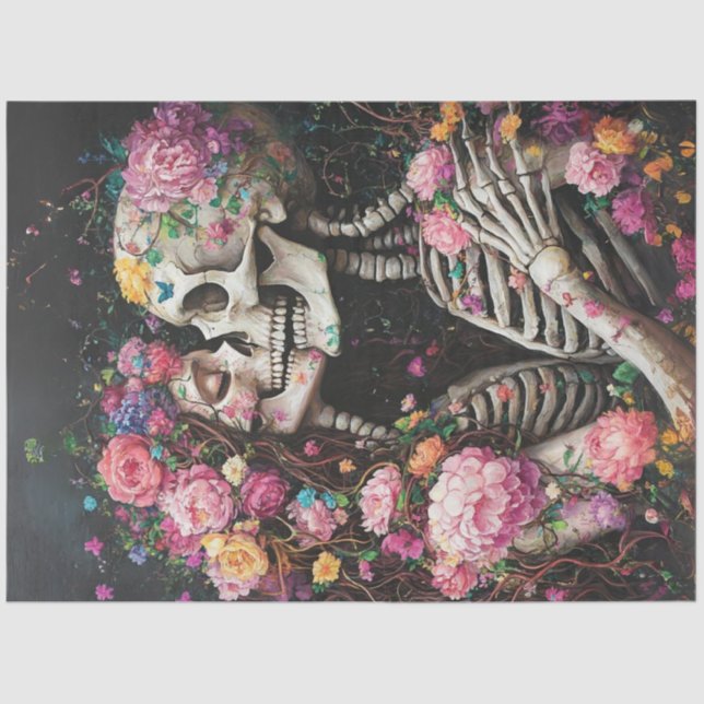 Decoupage Gothic Skeleton Adorned with Flowers  Tissue Paper (Front)