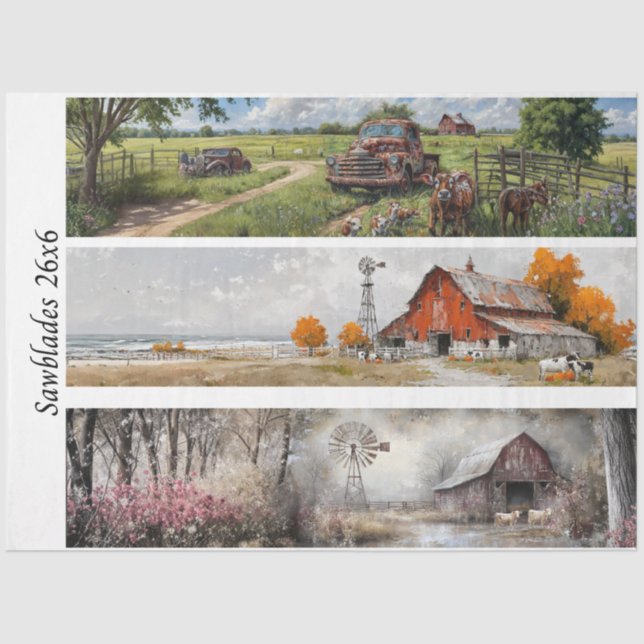 Decoupage Handsaw Rustic Barn, Vintage Truck Tissue Paper (Front)