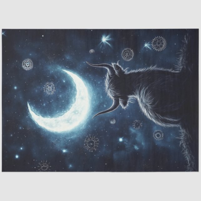 Decoupage Highland Calf Sitting Hill Starring Moon Tissue Paper (Front)